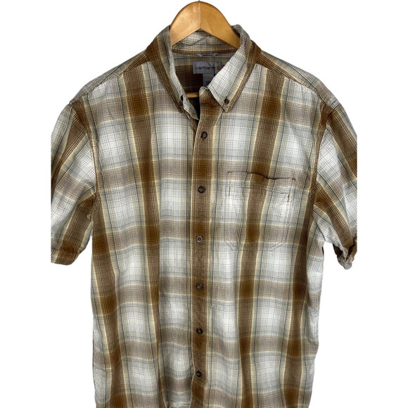 Carhartt Men's Size Large Brown Plaid Relaxed Fit Button Up Short Sleeve Shirt - Picture 1 of 7